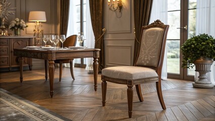 Elegant Classic Dining Chair in a Tastefully Decorated Space Captured Using the Rule of Thirds for Maximum Visual Impact and Aesthetic Appeal