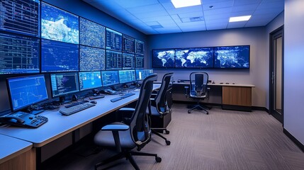A modern control room with multiple monitors displaying data and a world map.