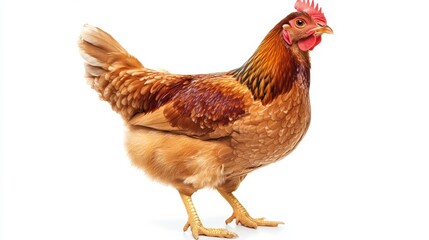 Fototapeta premium A close-up of a brown hen against a white background. The hen has a red comb and wattles and is looking off to the side.