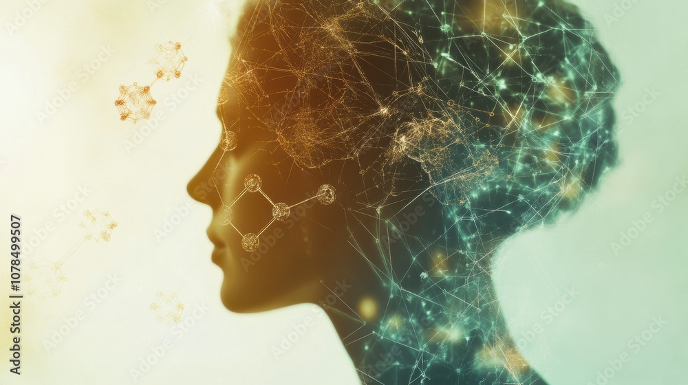 Poster a human silhouette is surrounded by intricate molecular structures and diagrams, symbolizing the int