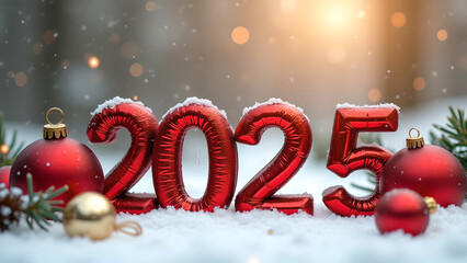 Red 2025 New Year's decorations in the snow