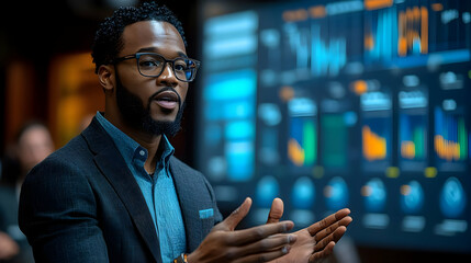 Man in Suit Talking with Charts in Background Photo