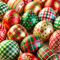 Fototapeta premium Eggs decorated with classic holiday patterns showcase vibrant designs