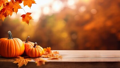 autumn banner mini pumpkins on wooden table with orange falling leaves nature background