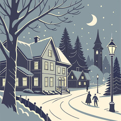 A quaint winter scene with a snow-covered house, a street lamp, and two figures walking in the distance. The illustration evokes a sense of peace and tranquility.