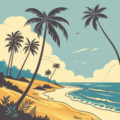 A vintage-style illustration depicting a serene tropical beach scene with palm trees swaying in the breeze, soft sand, and gentle waves lapping at the shore. Ideal for travel posters, designs.