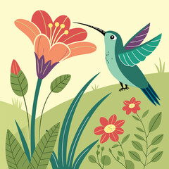 A vibrant illustration of a hummingbird hovering near a blooming flower, surrounded by lush greenery. The colorful design is perfect for adding a touch of nature to your projects.