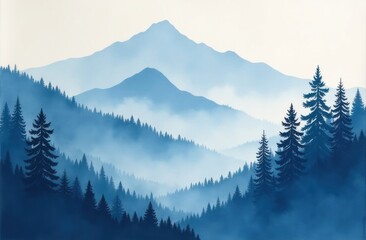Obraz premium Misty blue mountains rise above tall evergreen trees in a serene early morning atmosphere.
