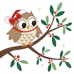 Obraz premium A cute owl wearing a Santa hat and bow sits on a holly branch, perfect for Christmas cards, decorations, or winter-themed designs. The illustration is full of festive cheer.