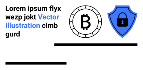 Bitcoin symbol, locked shield emblem, and placeholder text. Ideal for cryptocurrency, blockchain, cybersecurity, fintech, digital currency, online security, and finance. Landing page