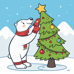 A cute polar bear decorates a Christmas tree in a snowy landscape. This festive illustration is perfect for holiday cards, social media posts, or any winter-themed project.
