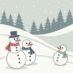 Three cute snowmen stand in a snowy landscape, with a backdrop of pine trees and falling snow. This festive illustration is perfect for winter greetings, holiday cards, or seasonal designs.