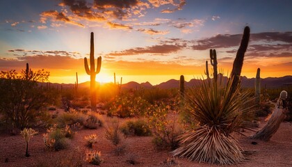 southwest desert n aged colorful sunset in wild west desert of arizona with cactus