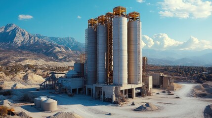 Obraz premium Industrial facility with silos amidst mountainous landscape.