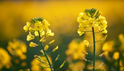 two canola stems with bright yellow flowers and a background of out of focus yellow flowers