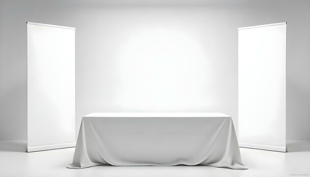 A white table in an empty white room and blank white banner boards for signage copy space, trade show exhibition set up
