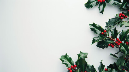 christmas holly leaves with red berries on white