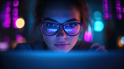 A young woman with glasses is looking intently at a laptop screen in a dimly lit room with colorful lights in the background.