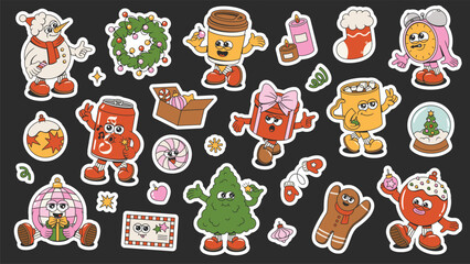 Obraz premium Merry Christmas and Happy New Year sticker pack. Pin tree, snowman, gingerbread, wreath, gifts, balls, clock, cups of trendy retro mascot style. Vector groovy cartoon set.