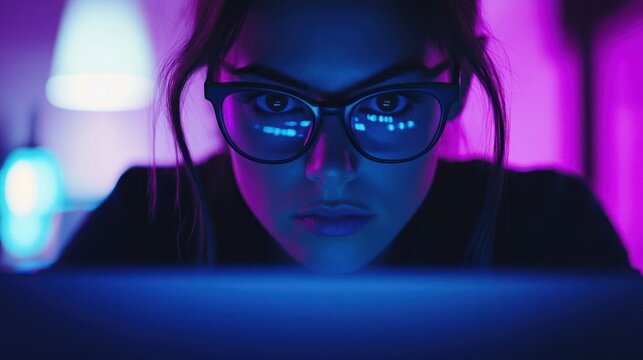 A young woman with glasses stares intently at her laptop screen, bathed in blue and pink neon light.