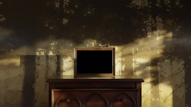 Aged picture frame with alpha channel standing on wooden commode