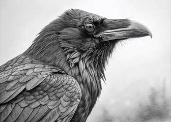 Elegant Side View of a Raven in Pencil Drawing Style Capturing the Intricacies of Nature's Dark Beauty Perfect for Art Lovers and Wildlife Enthusiasts
