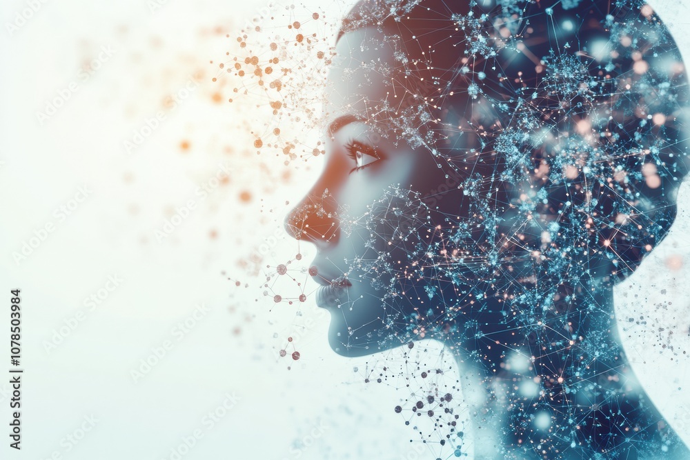 Leinwandbilder A human silhouette is surrounded by molecular structures and diagrams, highlighting the intersection of science and technology in research. Generative AI