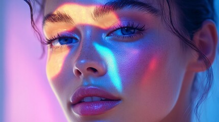 Close-up portrait of a young woman with colorful light reflecting on her face.