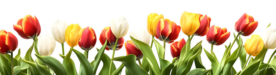 Fototapeta premium Red, yellow and white tulip flowers and leaves border isolated on a flat background.