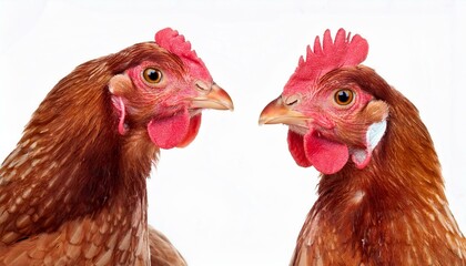 two curious chicken closeup isolated on white background