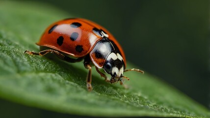 Fototapeta premium A ladybug with black spots and white markings perched on a green leaf