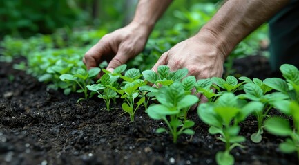 Hands planting young seedlings in soil.