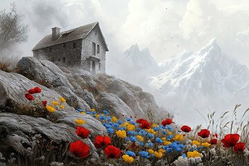 Asphalt road in Alps mountain village. Road trip concept.
