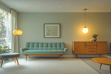 A mid century modern interior in the living room of a house with minimalist, mint-colored sofa and pendant lighting. Generative AI
