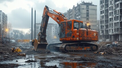 Excavator on a construction site amidst urban ruins.