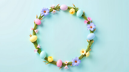 Naklejka premium Easter wreath with colorful eggs and flowers 