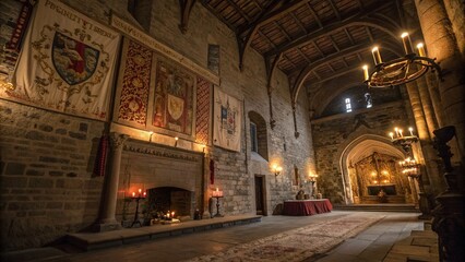 Obraz premium Enchanted Portrait Photography Inside a Medieval Castle Featuring Stone Walls, Tapestries, Candlelight, and Rich Historical Textures for a Captivating Atmosphere