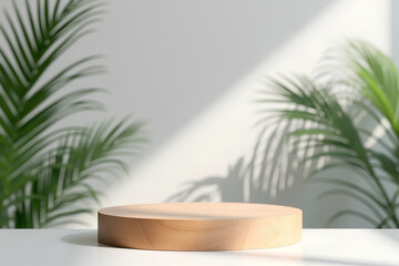 Obraz premium Minimal natural wood podium with green palm leaf with sunlight background. Minimal wooden stand for branding and packaging presentation