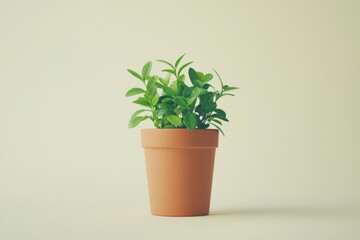 Fototapeta premium A small potted plant, simple and minimalist in style, with green leaves on the pot, solid color background.