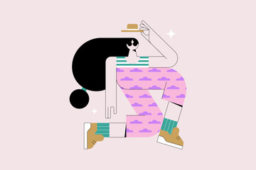 Vector illustration of a woman in summer outfit with a hat and sunglasses