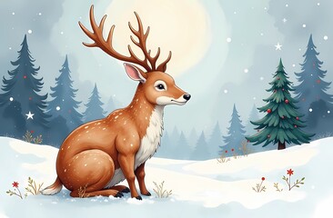 Christmas reindeer in the winter forest