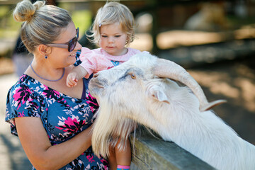 Adorable cute toddler girl and young mother feeding little goats and sheeps on kids farm. Beautiful baby child petting animals in petting zoo. Woman and daughter together on family weekend vacations