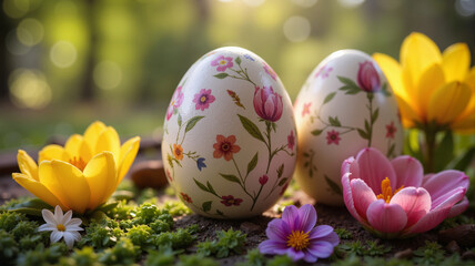 Fototapeta premium Painted Easter eggs with floral designs 