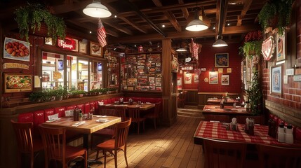 A rustic pub interior with warm wood textures and 3D-rendered craft beers served with gourmet tapas
