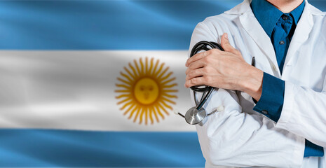 Doctor with stethoscope on Argentina flag. Male Doctor holding stethoscope on Argentine flag