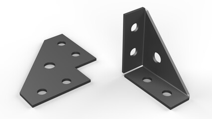 Metallic black Corner Bracket. Sheet metal Part.  Isolated. White background. 3d render