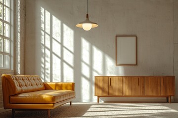 Fototapeta premium A Scandinnabian interior design in the living room with minimalist, wood cabinetry and yellow sofa and pendant lighting. Generative AI 
