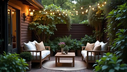 Obraz premium Cozy seating area on the outdoor terrace with garlands and greenery in the garden