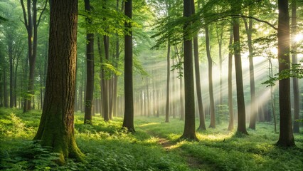 Obraz premium Enchanting Long Exposure of Sunlight Streaming Through Tree Trunks in a Serene Forest Landscape Capturing Nature's Tranquility and Beauty
