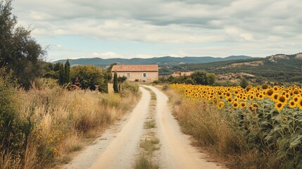 Fototapeta premium A dirt road leads to a farmhouse in a field of sunflowers.